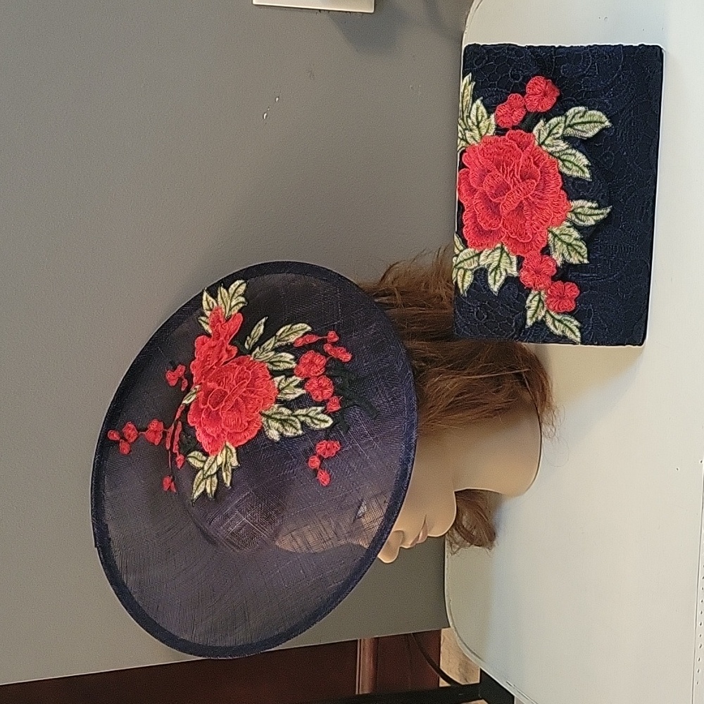 Navy and Red Roses 🌹 Fascinator, Clutch Combo For the Kentucky Durby EUC